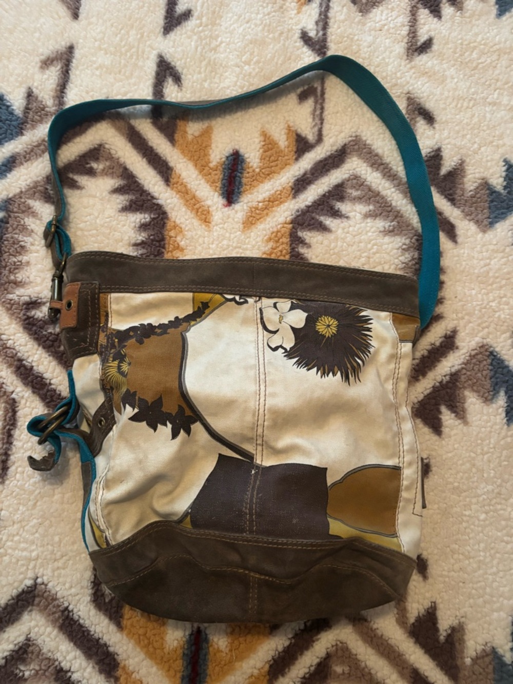Lucky Brand Boho Teal & Cream Floral Canvas Crossbody with Brown Trim
